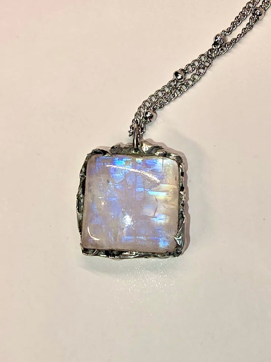Rainbow Moonstone Crystal Necklace Square Pendant